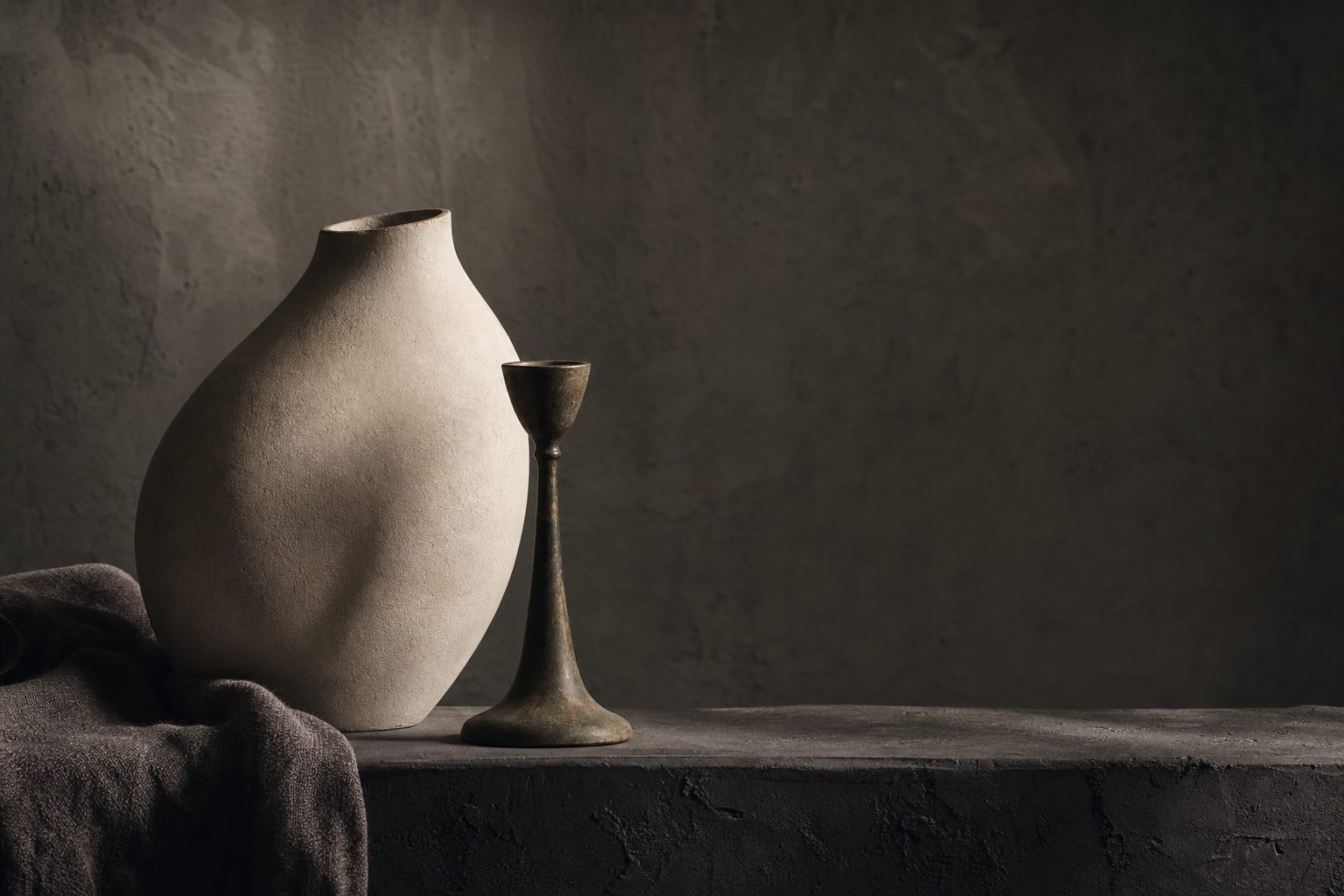 Vase en céramique crème et chandelier en bronze patiné posés sur une surface de plâtre sombre, éclairés par une lumière rasante